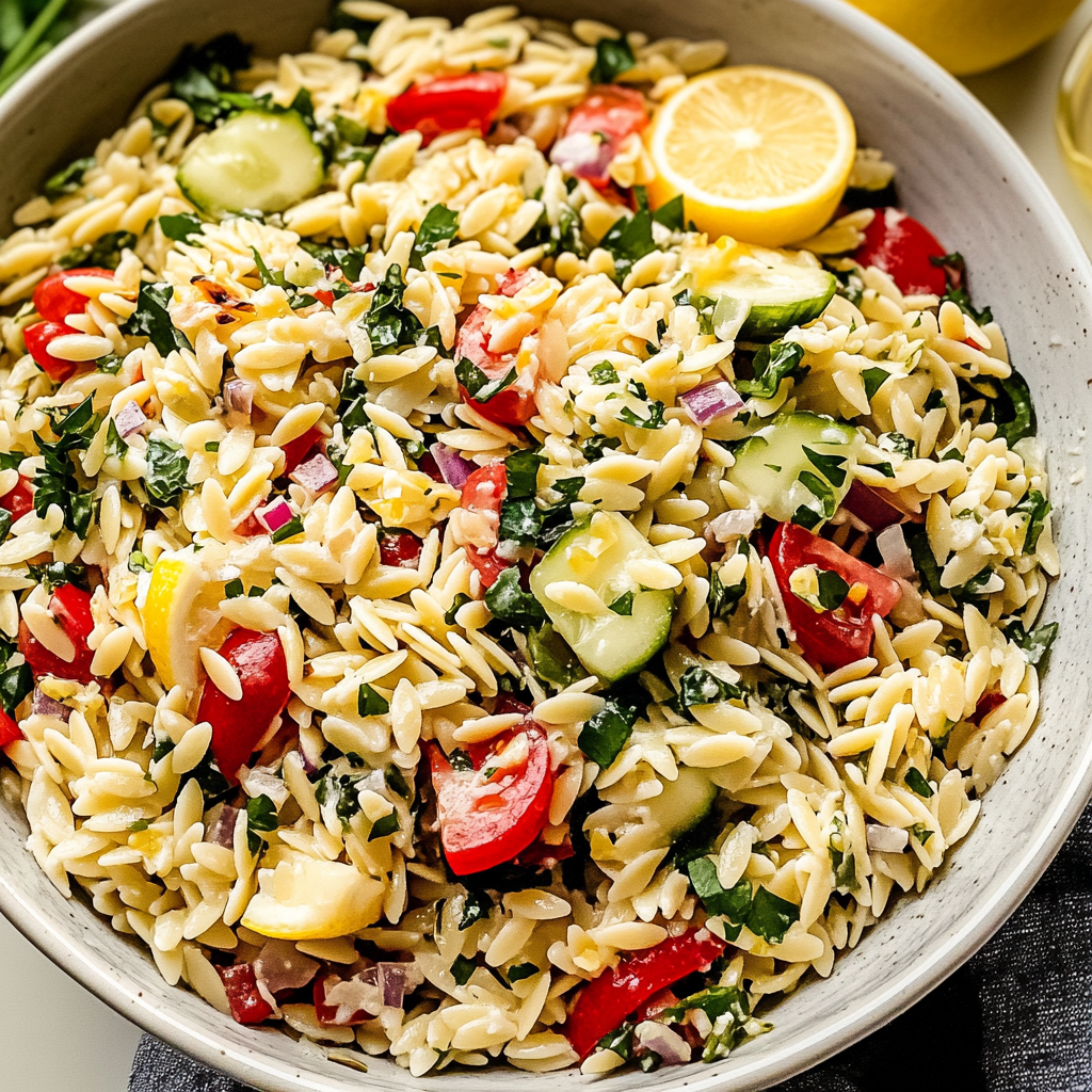 Recipe preparation for Orzo Pasta Salad with Lemon Vinaigrette