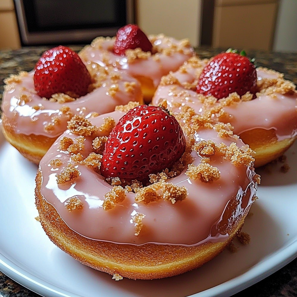 Recipe preparation for Freshly Glazed Strawberry Crunch Donuts