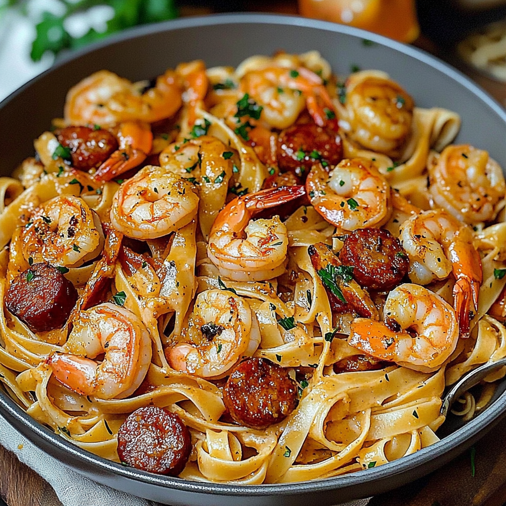 Recipe preparation for Creamy Cajun Shrimp Pasta with Sausage