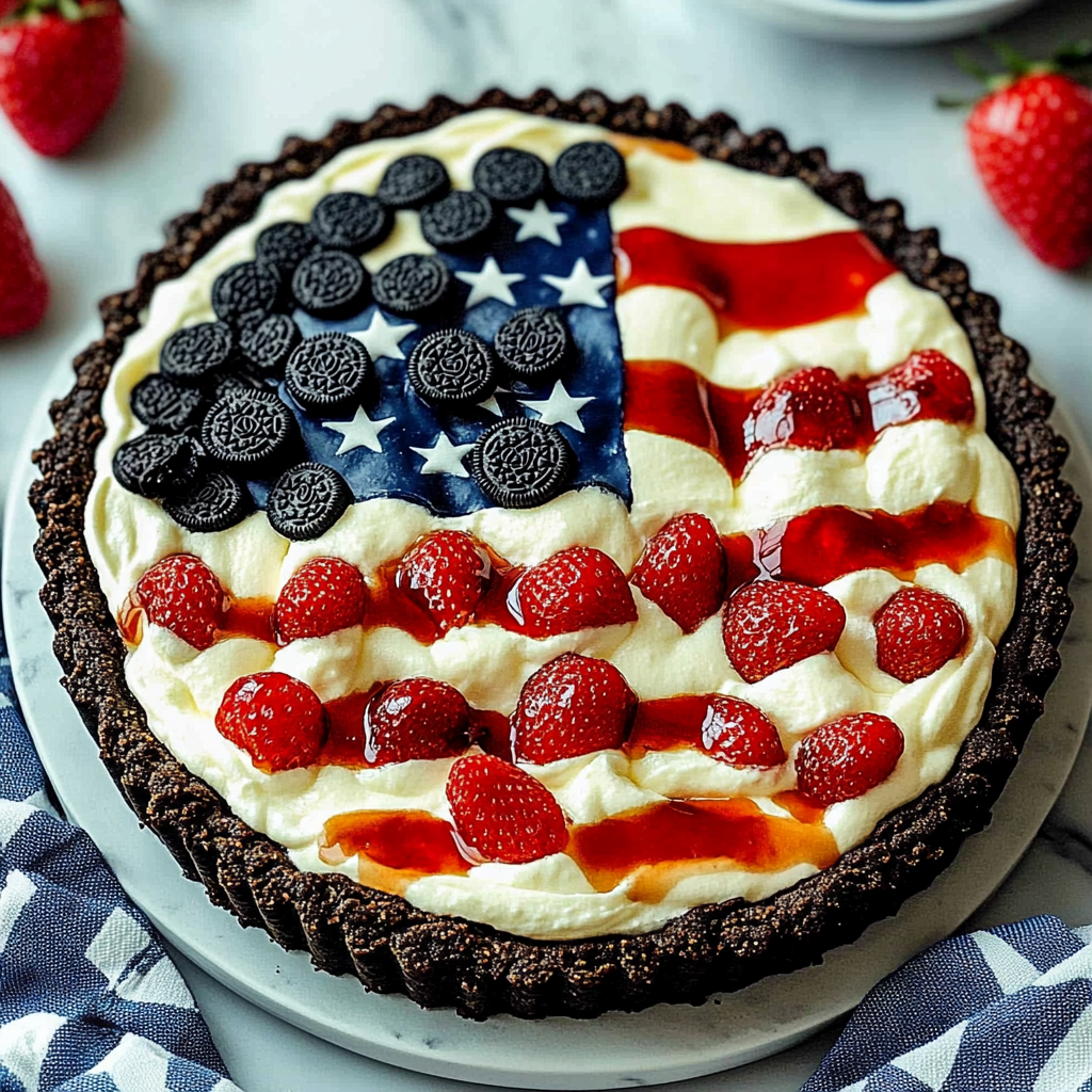 Recipe preparation for Oreo Cookie Crust Flag Pie