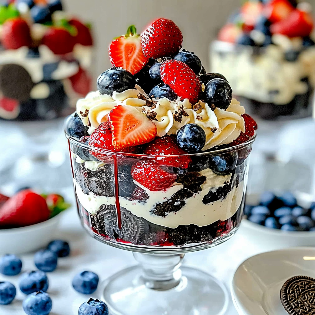 Recipe preparation for Oreo Trifle with Blueberries and Strawberries