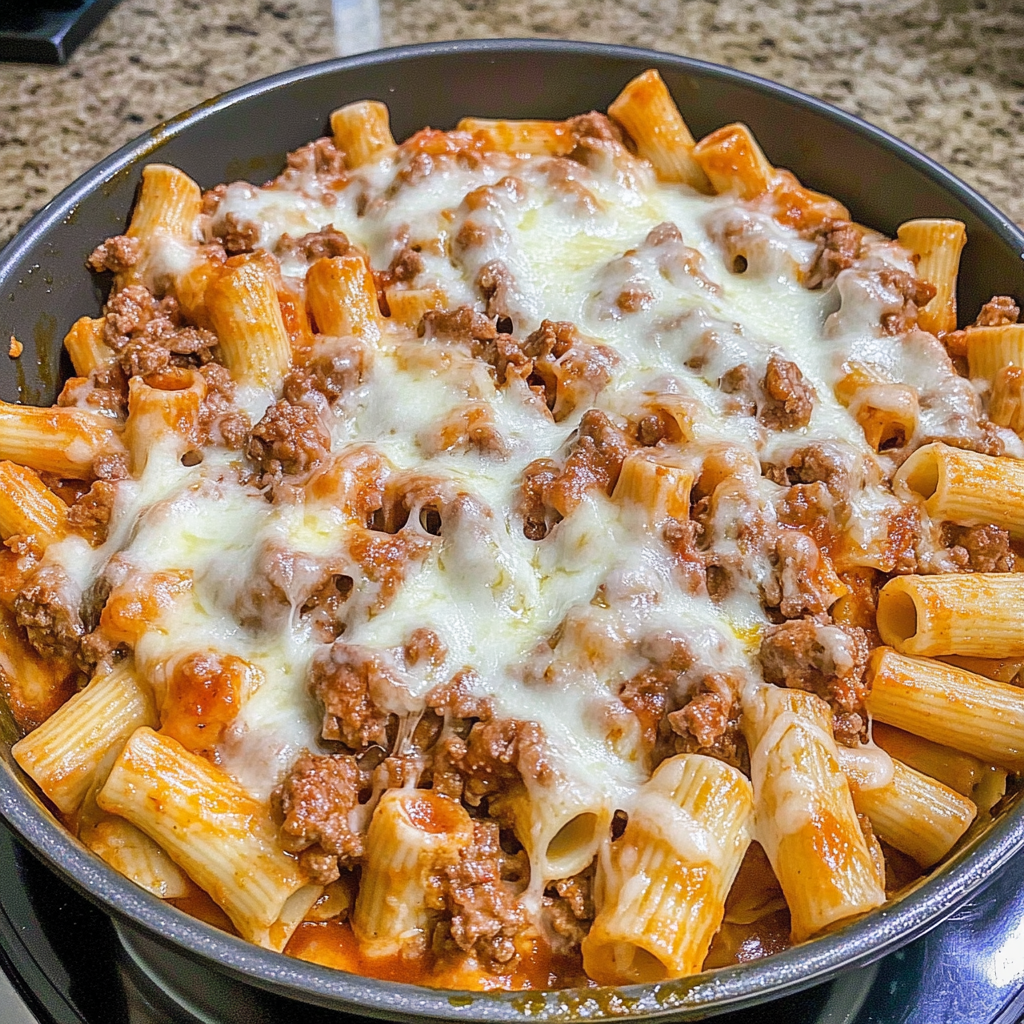 Recipe preparation for Cheesy Beef Rigatoni
