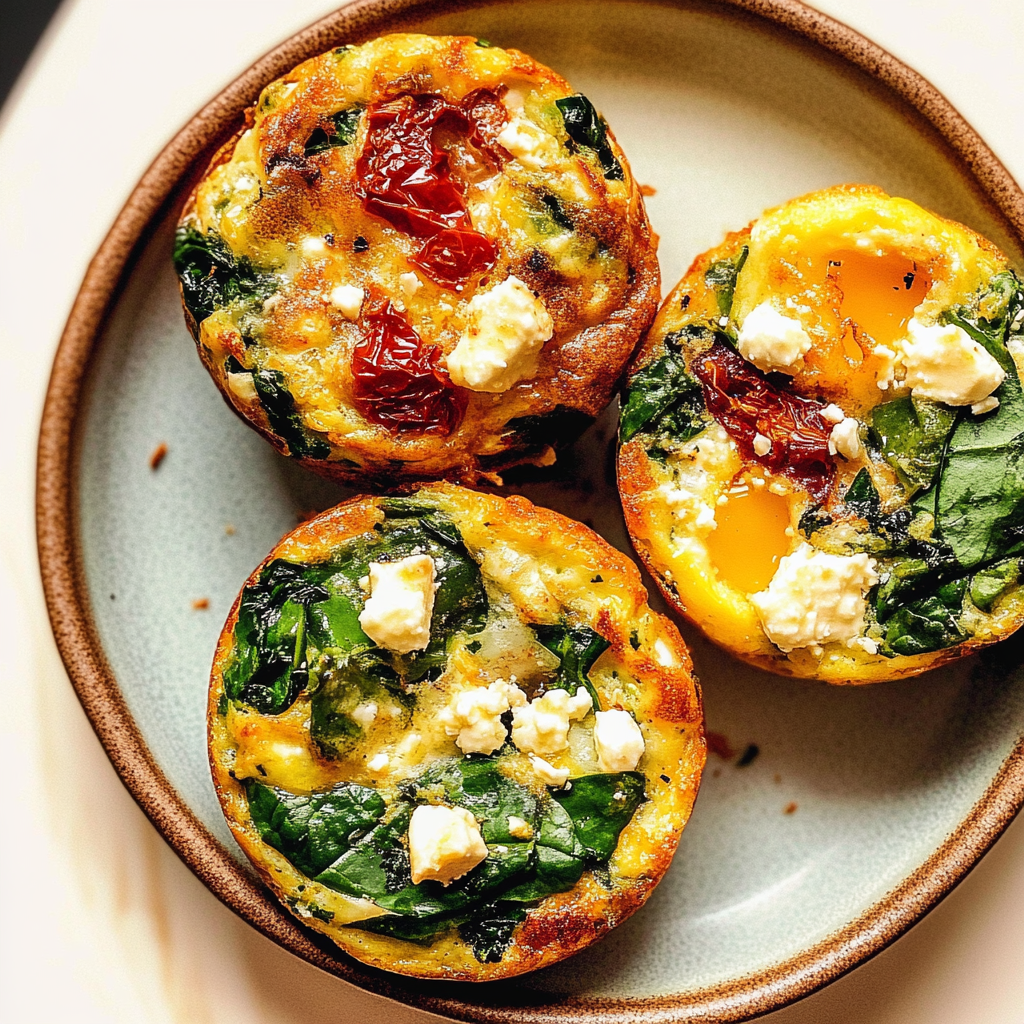 Recipe preparation for Spinach, Feta, and Sun-Dried Tomato Egg Muffin