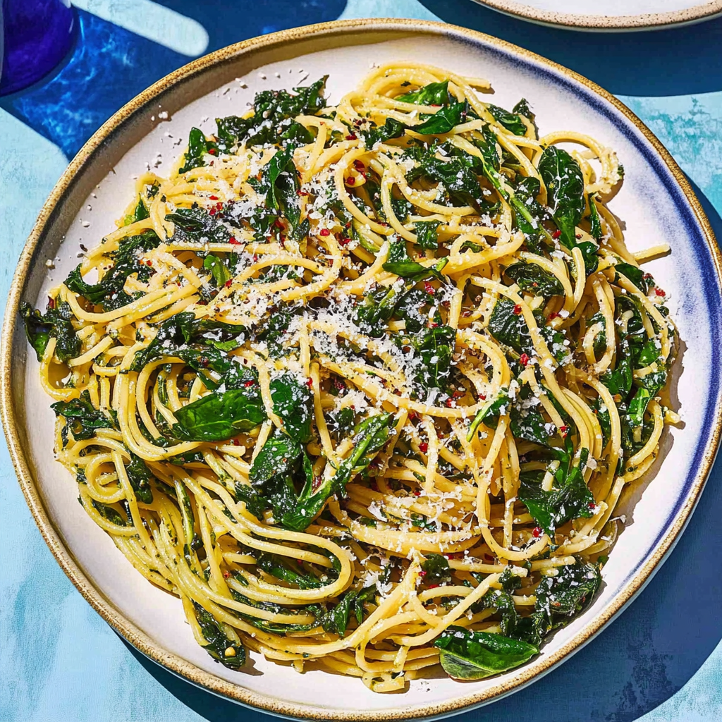 Recipe preparation for Spaghetti with Garlic & Spinach