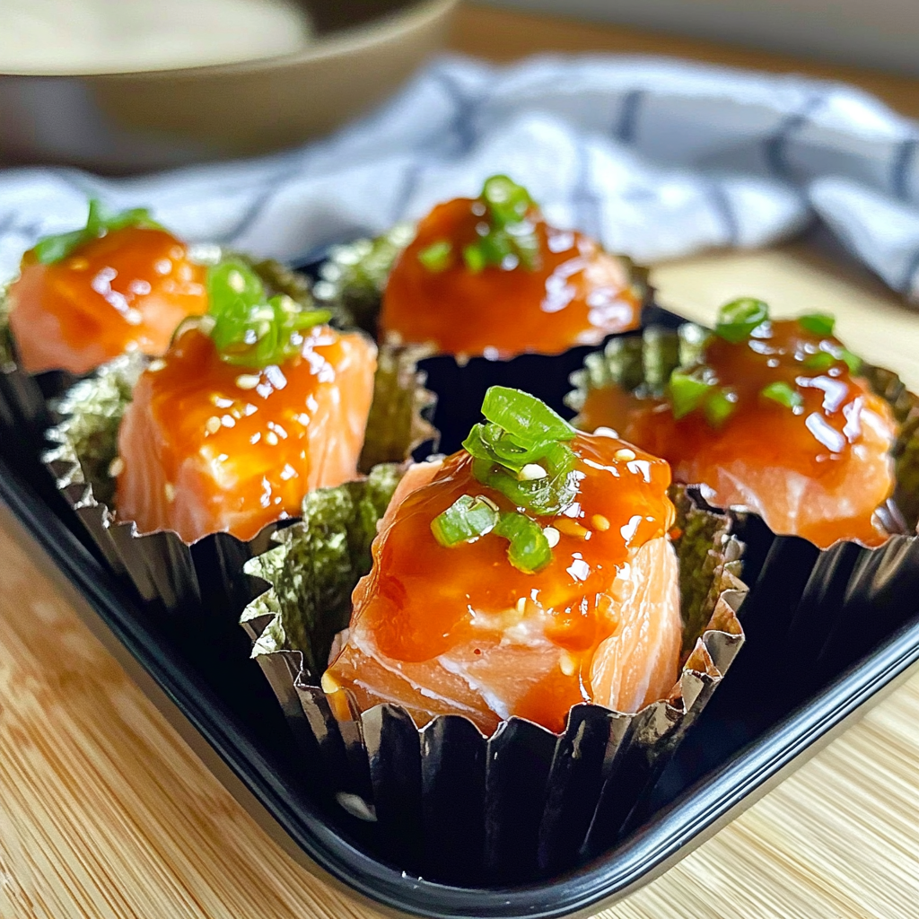 Recipe preparation for Spicy Salmon Sushi Cups