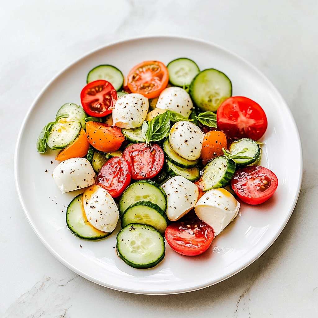 Recipe preparation for Fresh Cucumber Caprese Salad