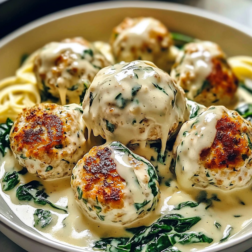 Recipe preparation for Chicken Ricotta Meatballs In Spinach Alfredo Sauce