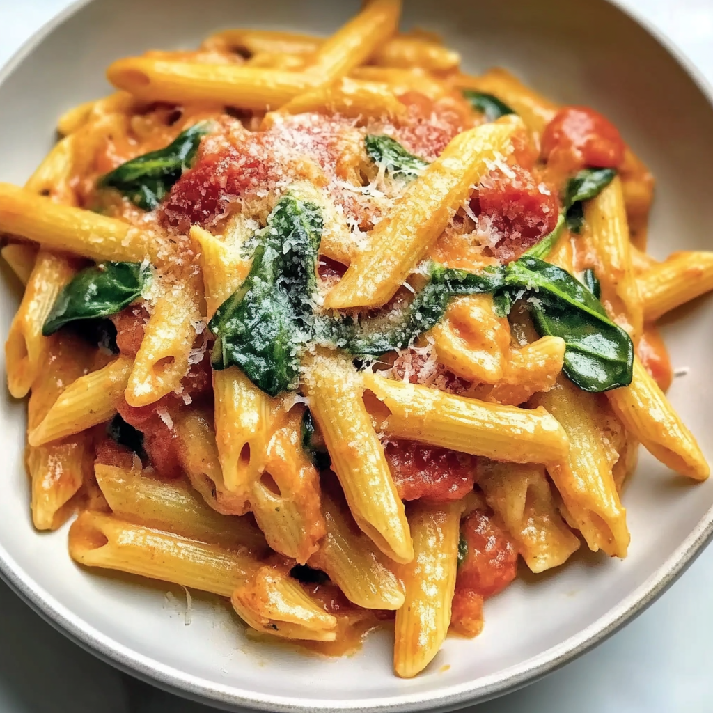 Recipe preparation for Creamy Tomato and Spinach Pasta