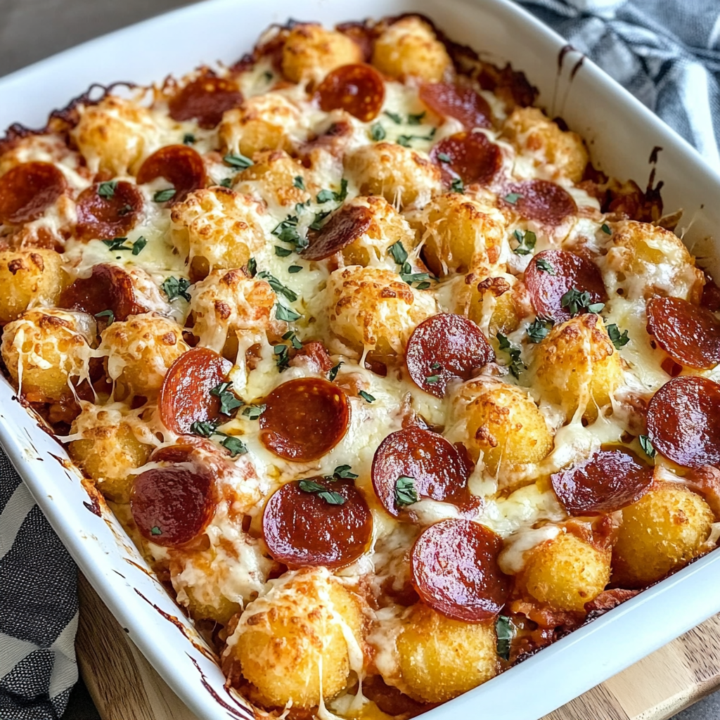 Recipe preparation for Pepperoni Pizza Tater Tot Casserole