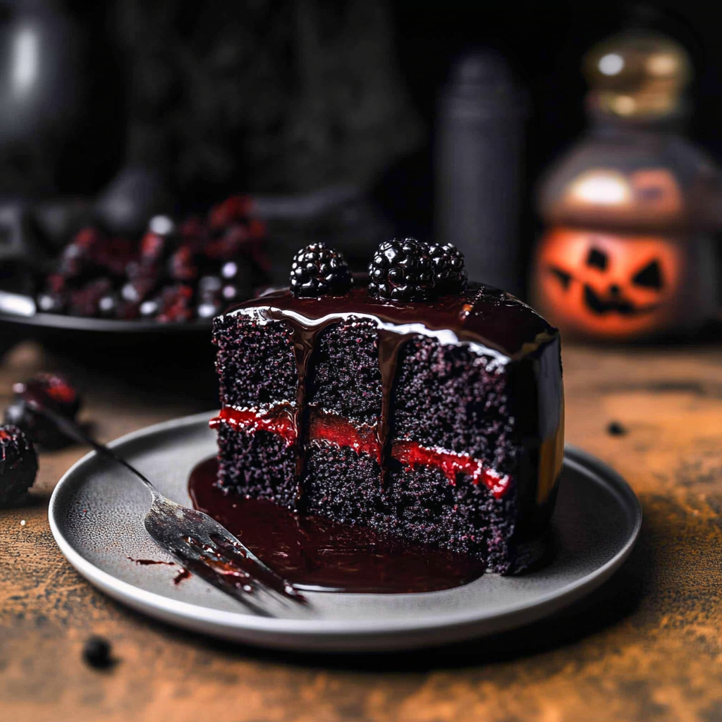 Recipe preparation for Spooky Black Velvet Halloween Cake
