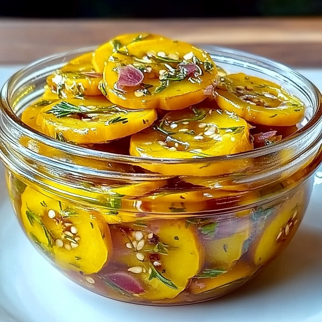 Recipe preparation for Sweet and Tangy Yellow Squash Pickles