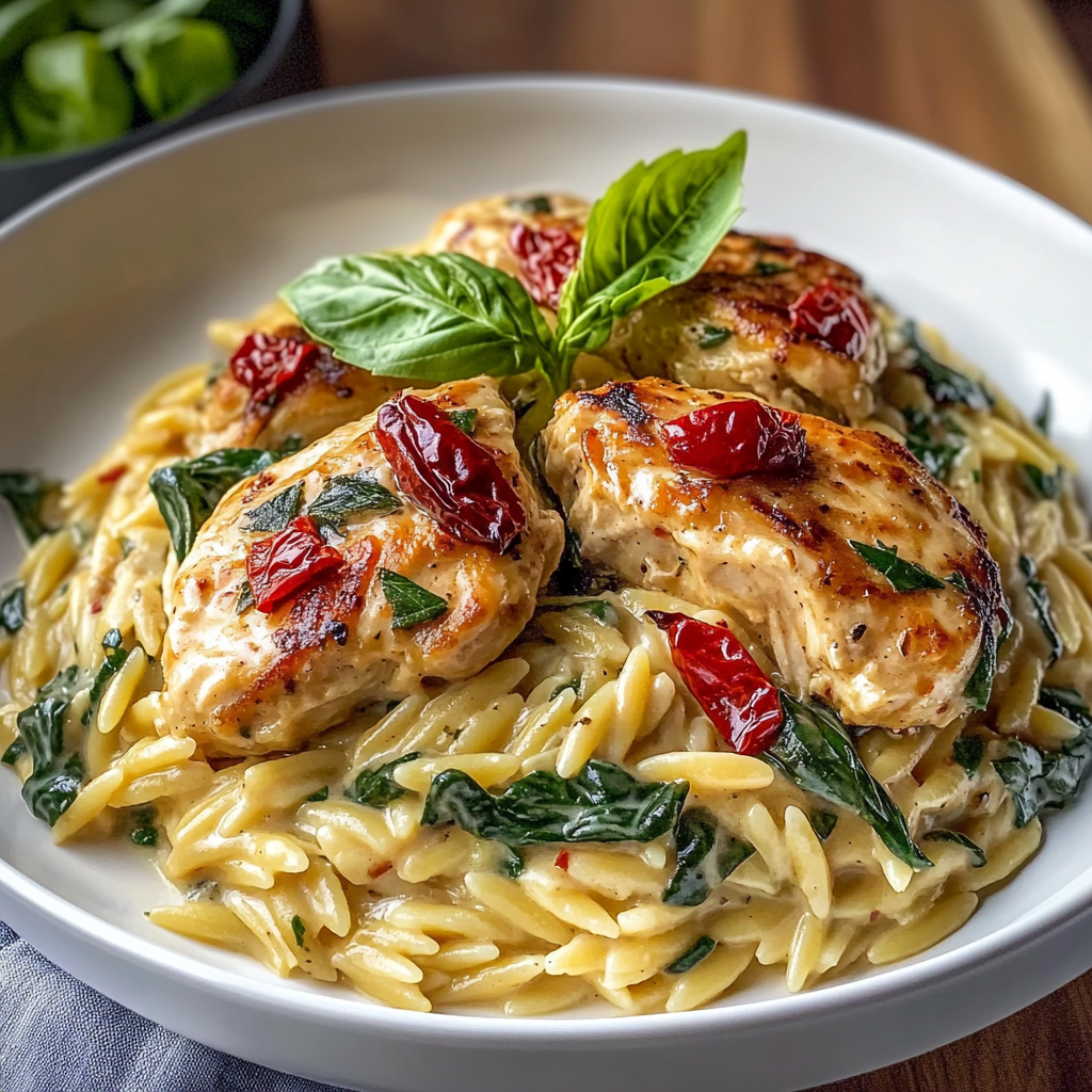 Recipe preparation for Slow Cooker Creamy Tuscan Chicken Orzo