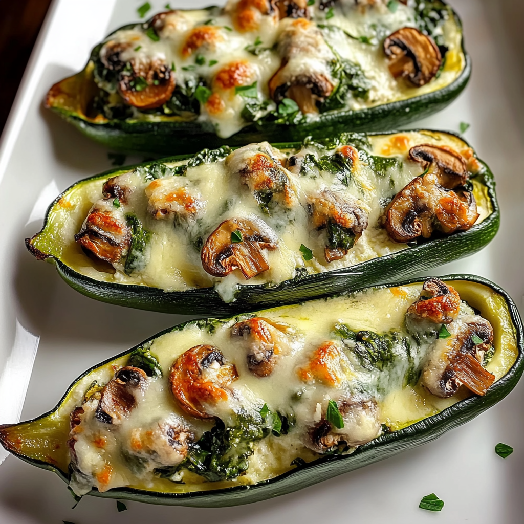 Recipe preparation for Spinach, Mushroom, and Ricotta Stuffed Zucchini Boats