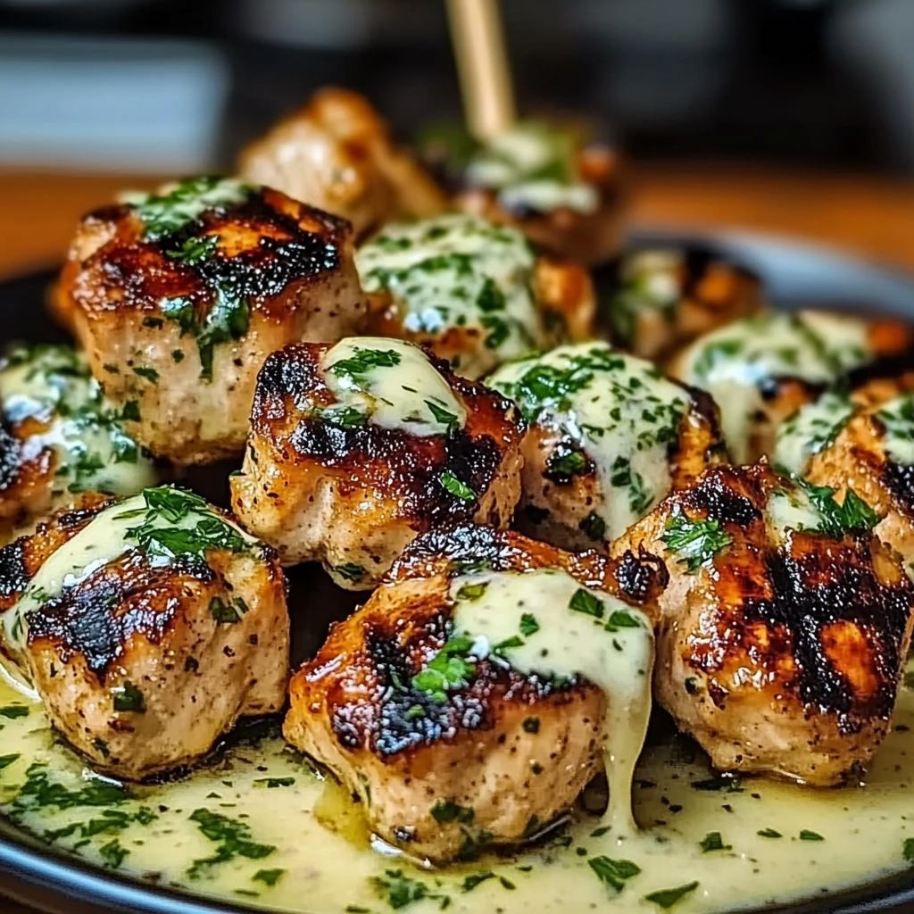 Recipe preparation for Delicious Grilled Chicken Bites with Creamy Garlic Sauce