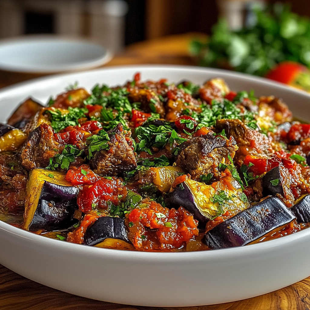 Recipe preparation for Turkish Eggplant and Lamb Casserole