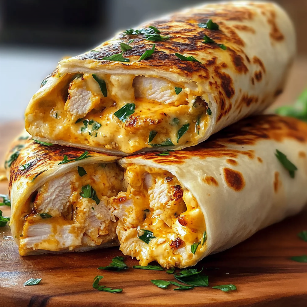 Recipe preparation for Ooey-Gooey Cheesy Garlic Chicken Wraps
