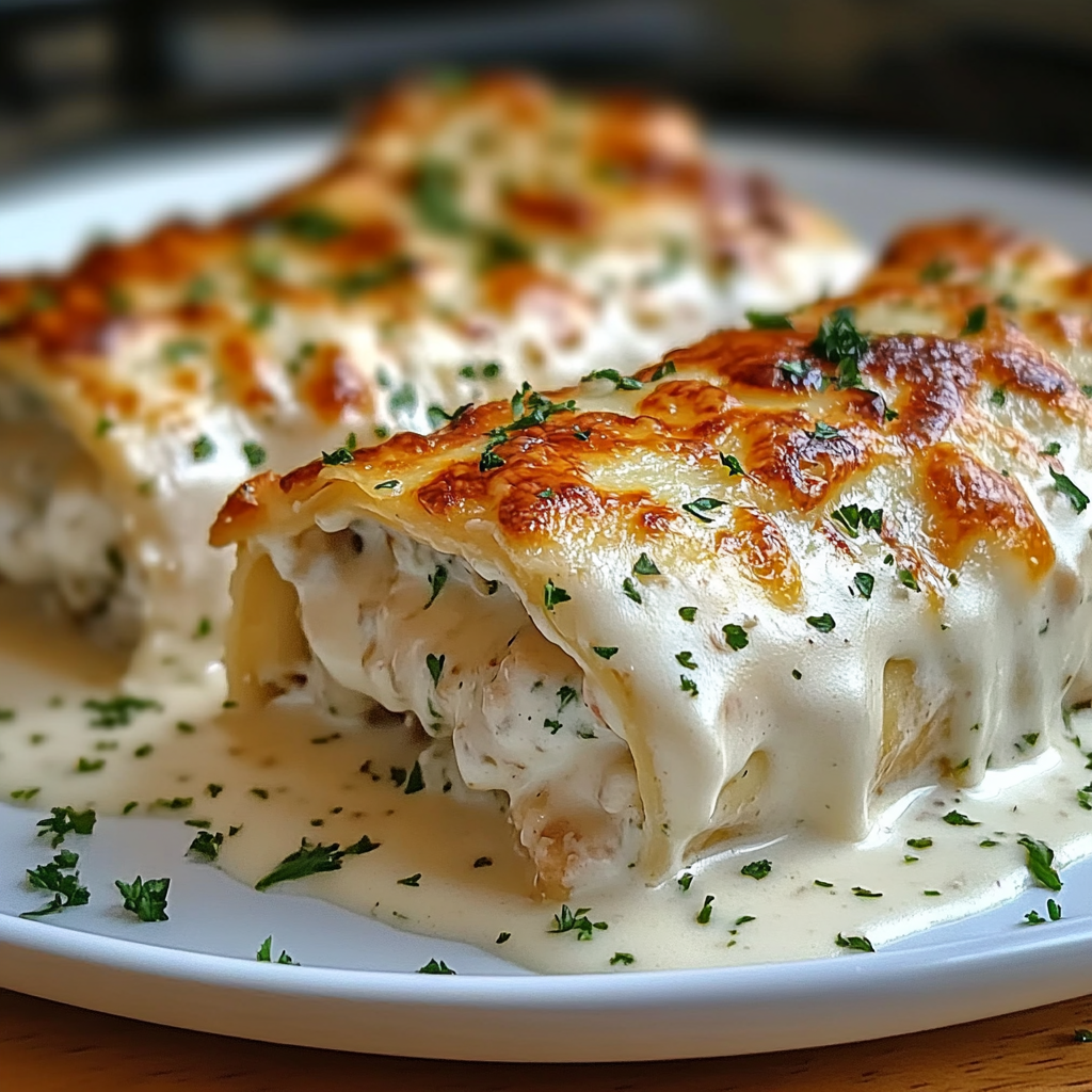 Recipe preparation for Cheesy Chicken Alfredo Lasagna Rolls