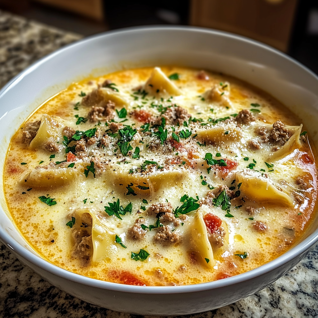 Recipe preparation for Alfredo Lasagna Soup