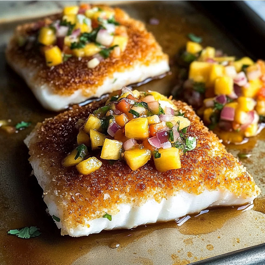 Recipe preparation for Tropical Coconut Crusted Fish with Mango Salsa