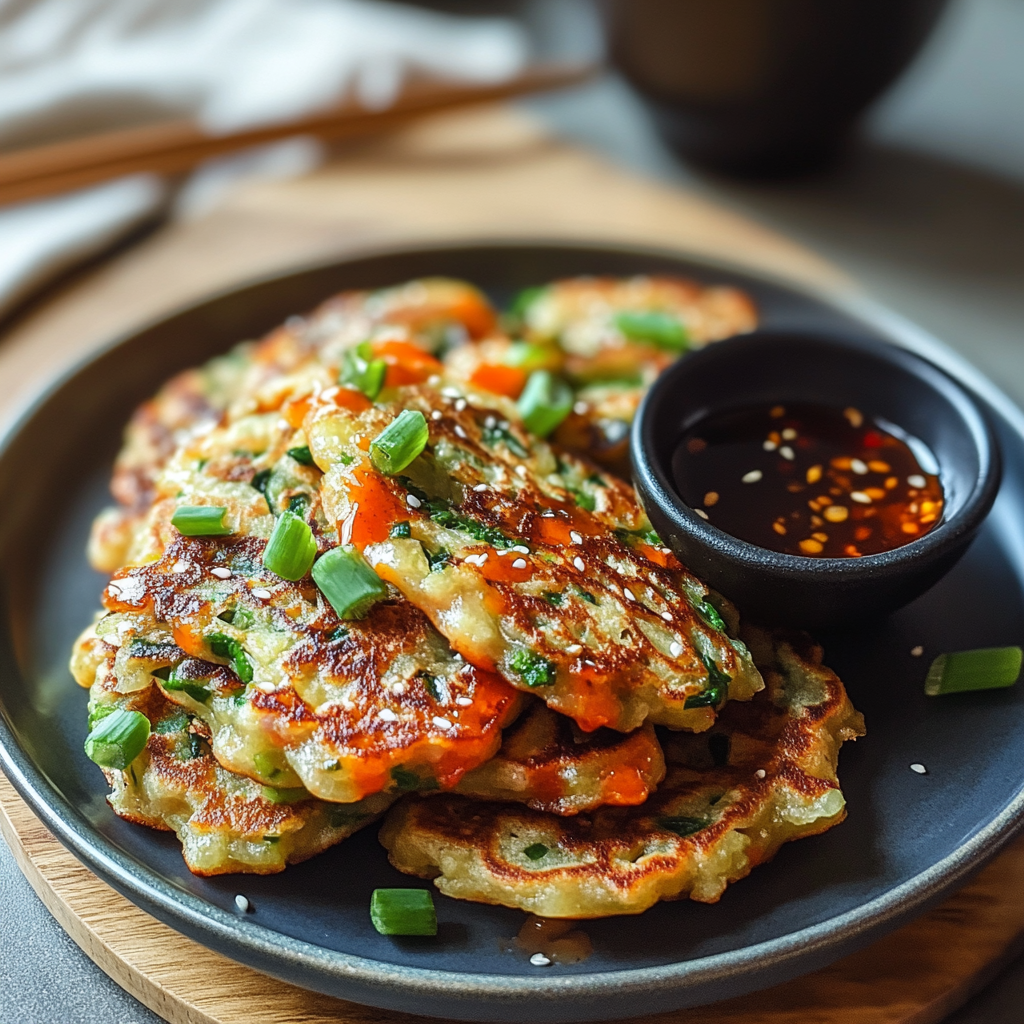 Recipe preparation for Veggie Pancakes with Asian Dipping Sauce