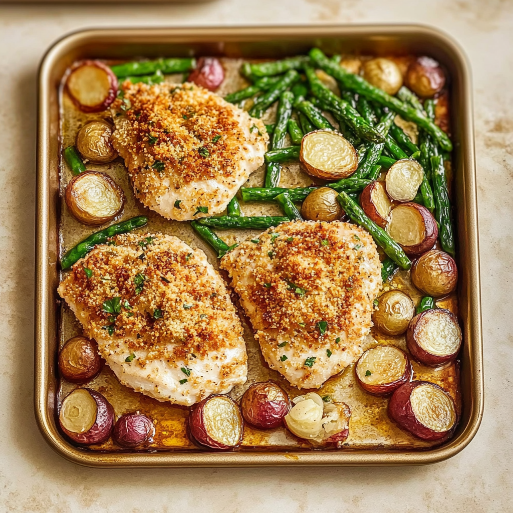 Recipe preparation for Parmesan Crusted Chicken Sheet Pan Dinner
