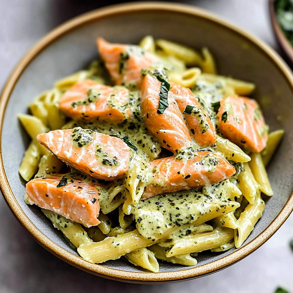 Recipe preparation for Salmon Pesto Pasta