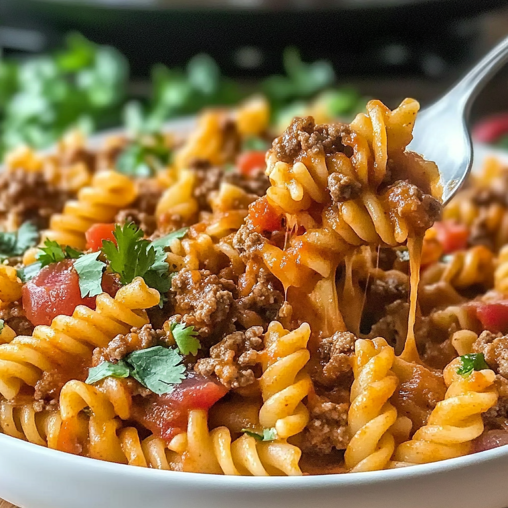 Recipe preparation for Beef Enchilada Pasta One-Pan Meal