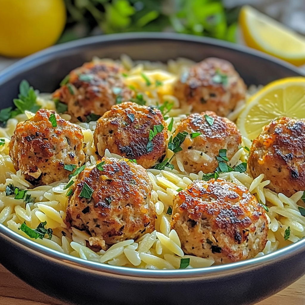 Recipe preparation for Greek Chicken Meatballs with Lemon Orzo