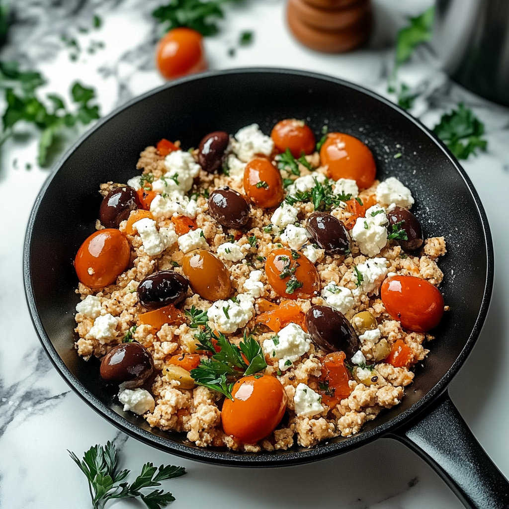 Recipe preparation for Mediterranean Keto Ground Chicken Skillet with Olives and Feta