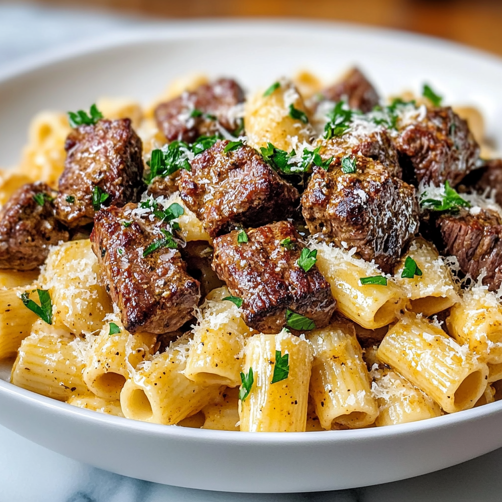 Recipe preparation for Cajun Steak Tips in Cheesy Rigatoni Parmesan Sauce