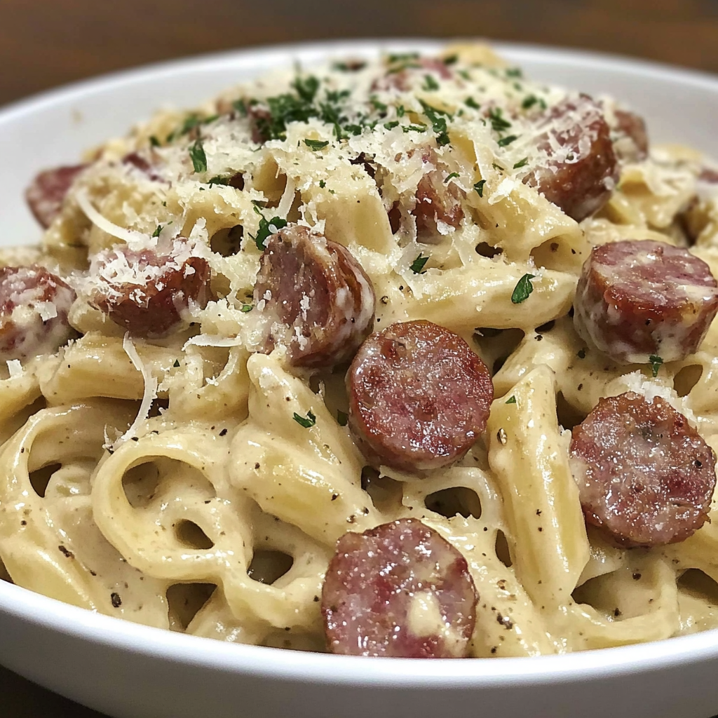 Recipe preparation for Smoked Sausage Alfredo Pasta