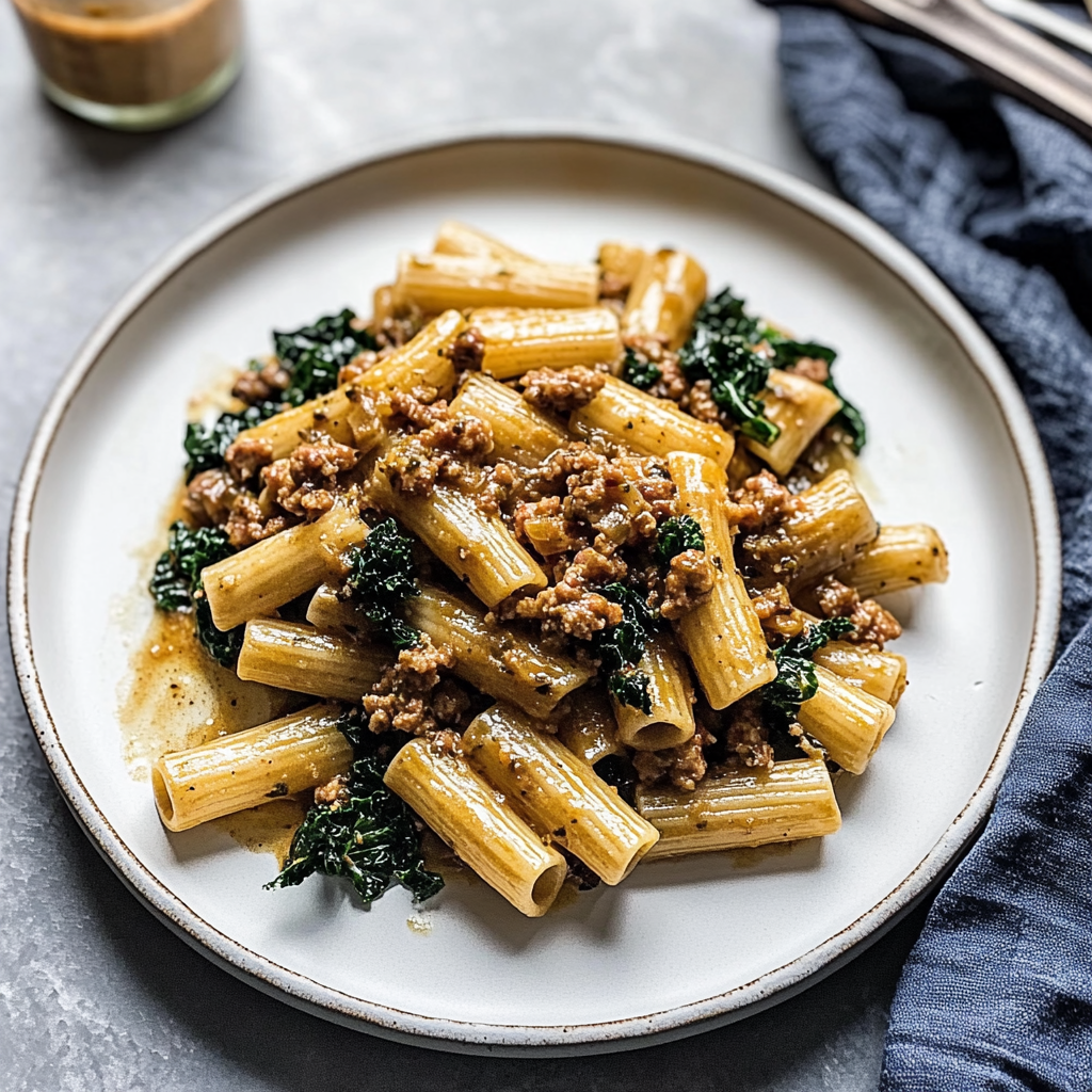 Recipe preparation for Savory Sausage and Kale Rigatoni