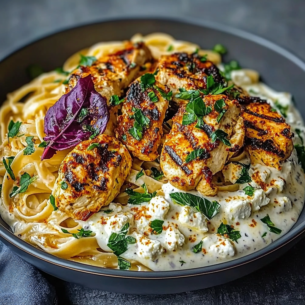 Recipe preparation for Spicy Whipped Feta Chicken Alfredo