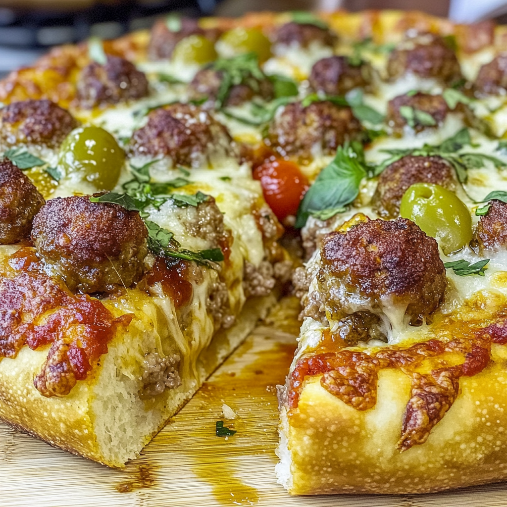 Recipe preparation for Deep Dish Meatball Pizza