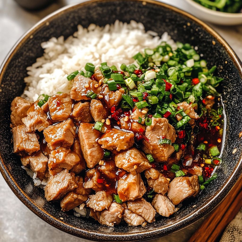 Recipe preparation for Honey Garlic Pork Rice Bowl