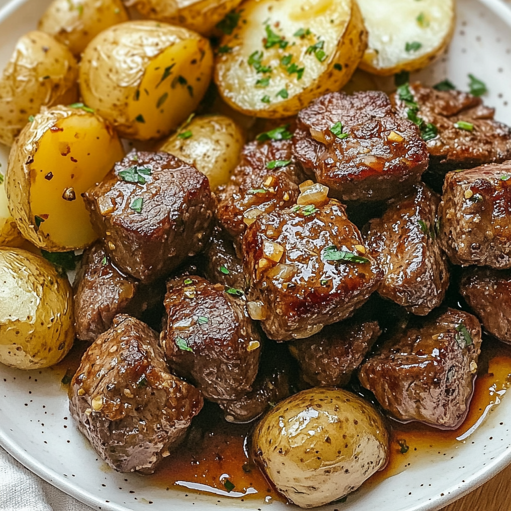 Recipe preparation for Garlic Butter Steak Bites and Potatoes