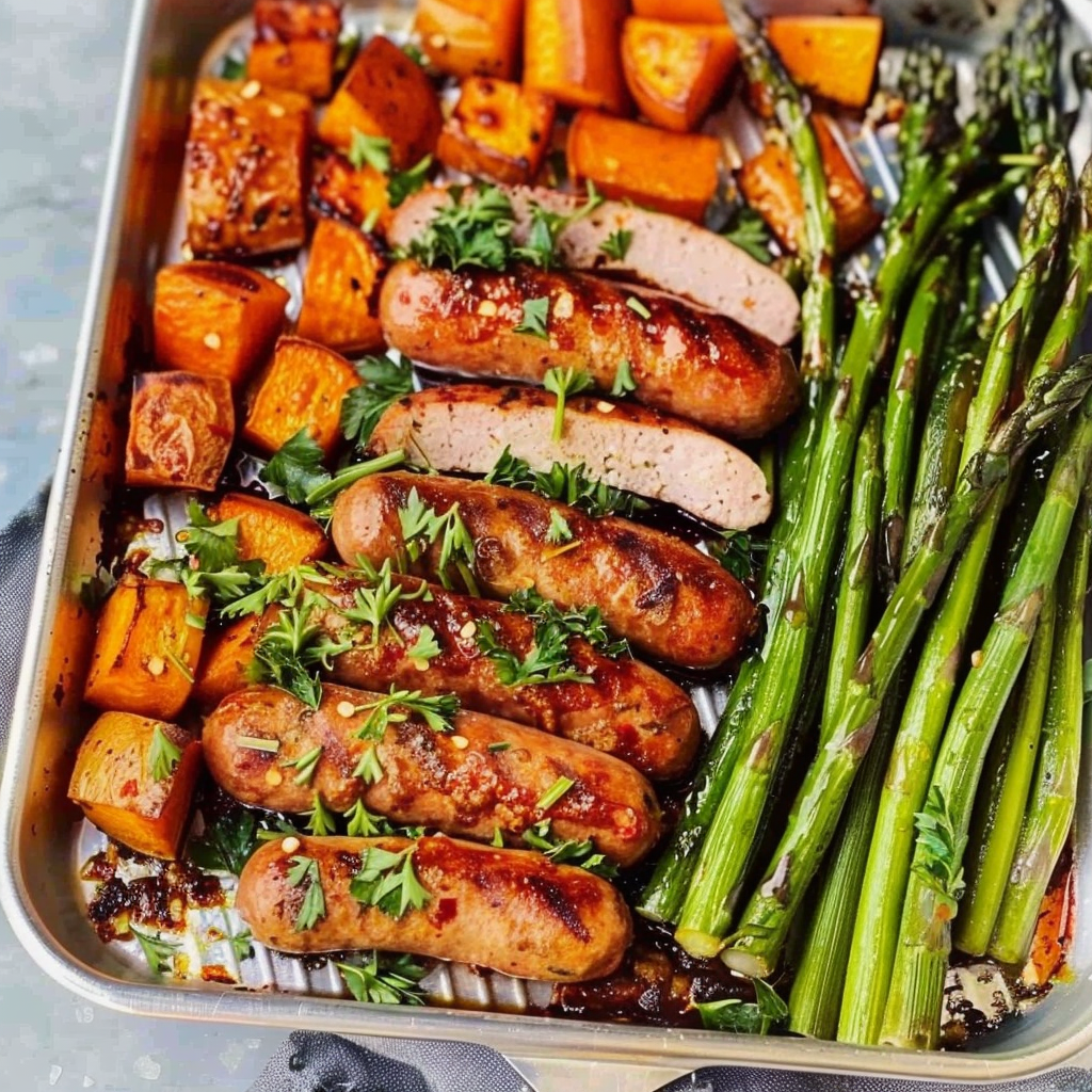 Recipe preparation for Sheet-Pan Sausage, Sweet-Potato & Asparagus Dinner