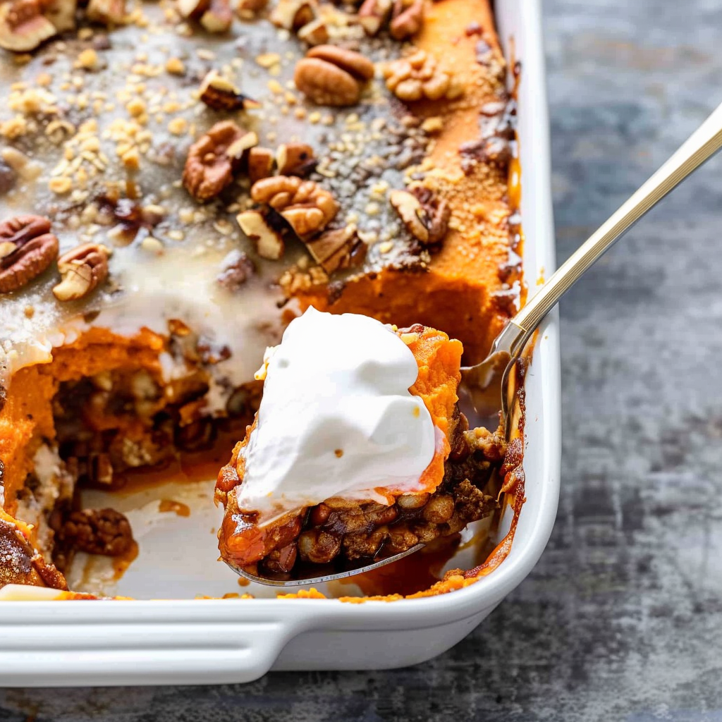 Recipe preparation for Sweet Potato Casserole with Marshmallow & Pecan Crunch