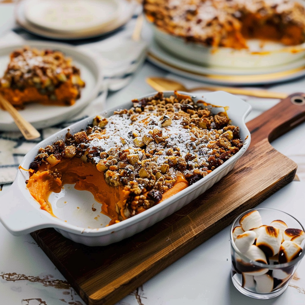Recipe preparation for Sweet Potato Casserole with Marshmallow & Pecans