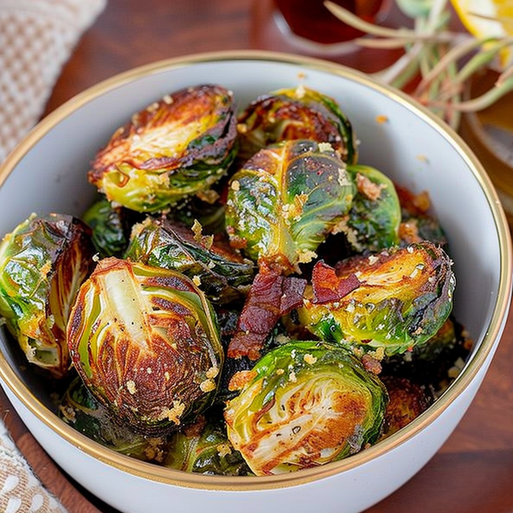 Recipe preparation for Garlic Parmesan Roasted Brussels Sprouts with Bacon