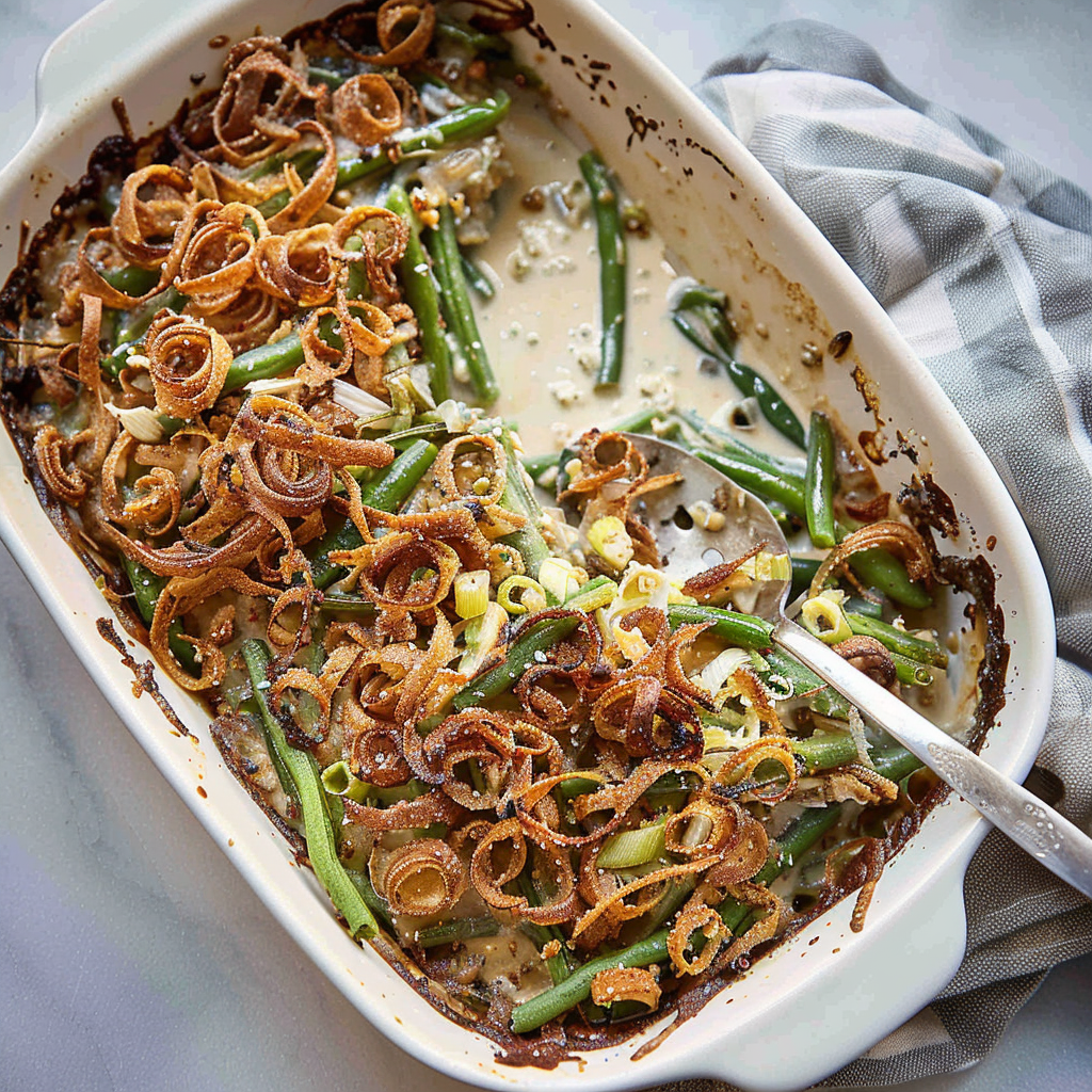 Recipe preparation for Green Bean Casserole with Crispy Shallots