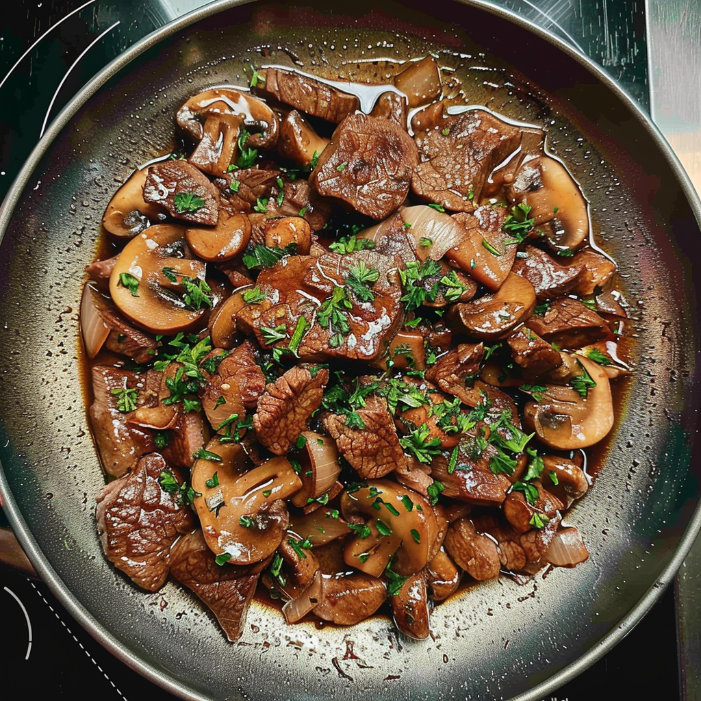 Recipe preparation for Garlic Butter Steak & Mushrooms Skillet