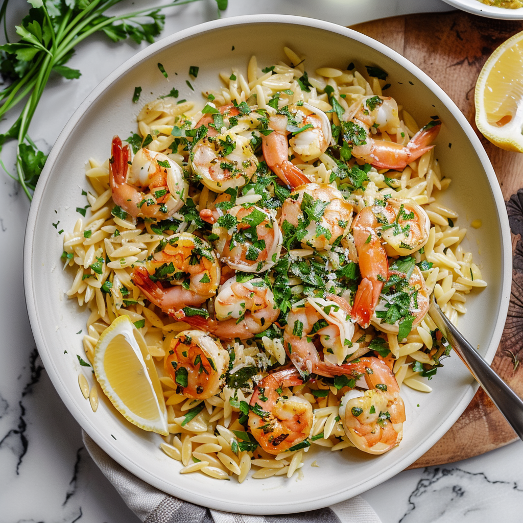 Recipe preparation for Creamy Shrimp & Lemon Orzo