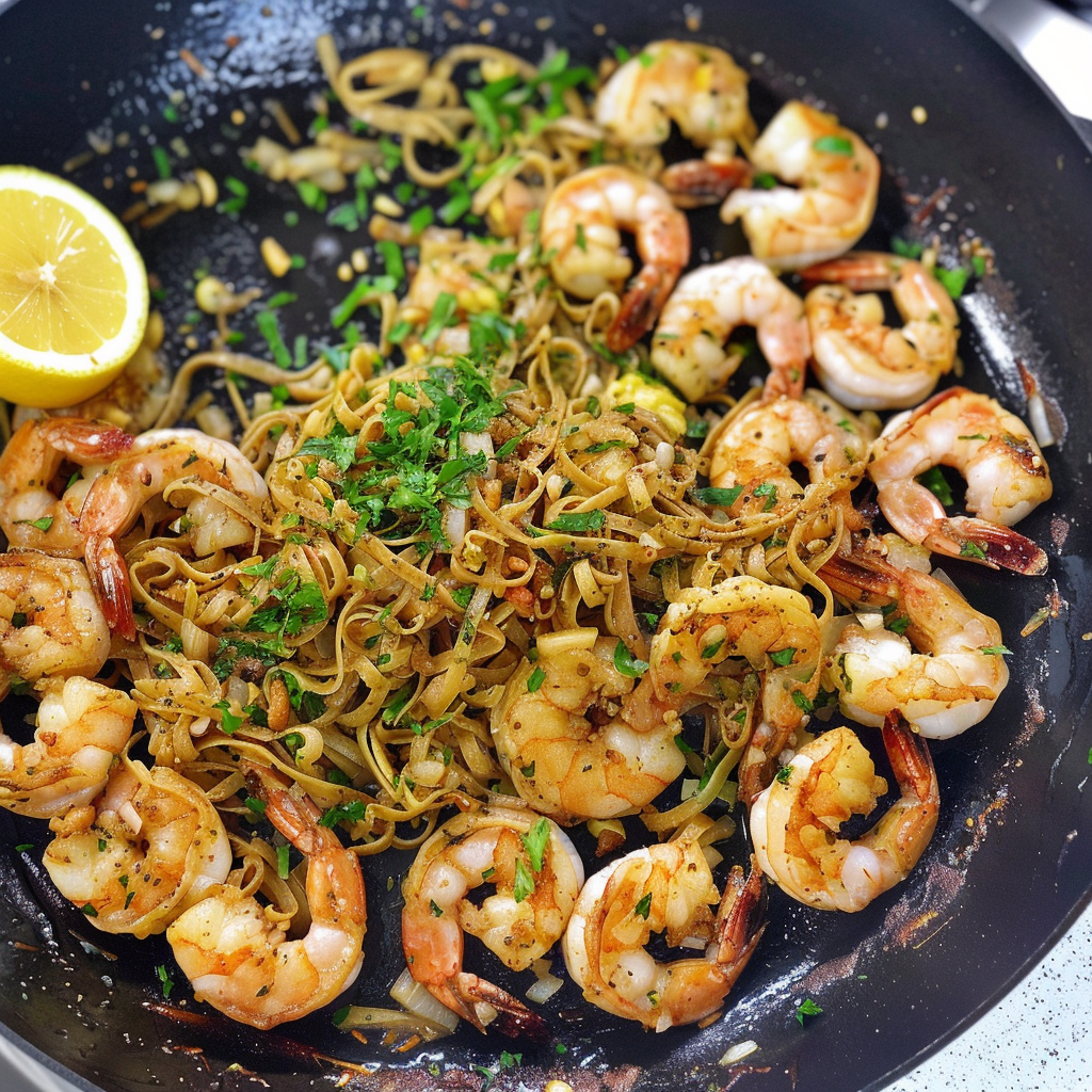 Recipe preparation for 30-Minute Lemon Garlic Butter Shrimp & Zoodles