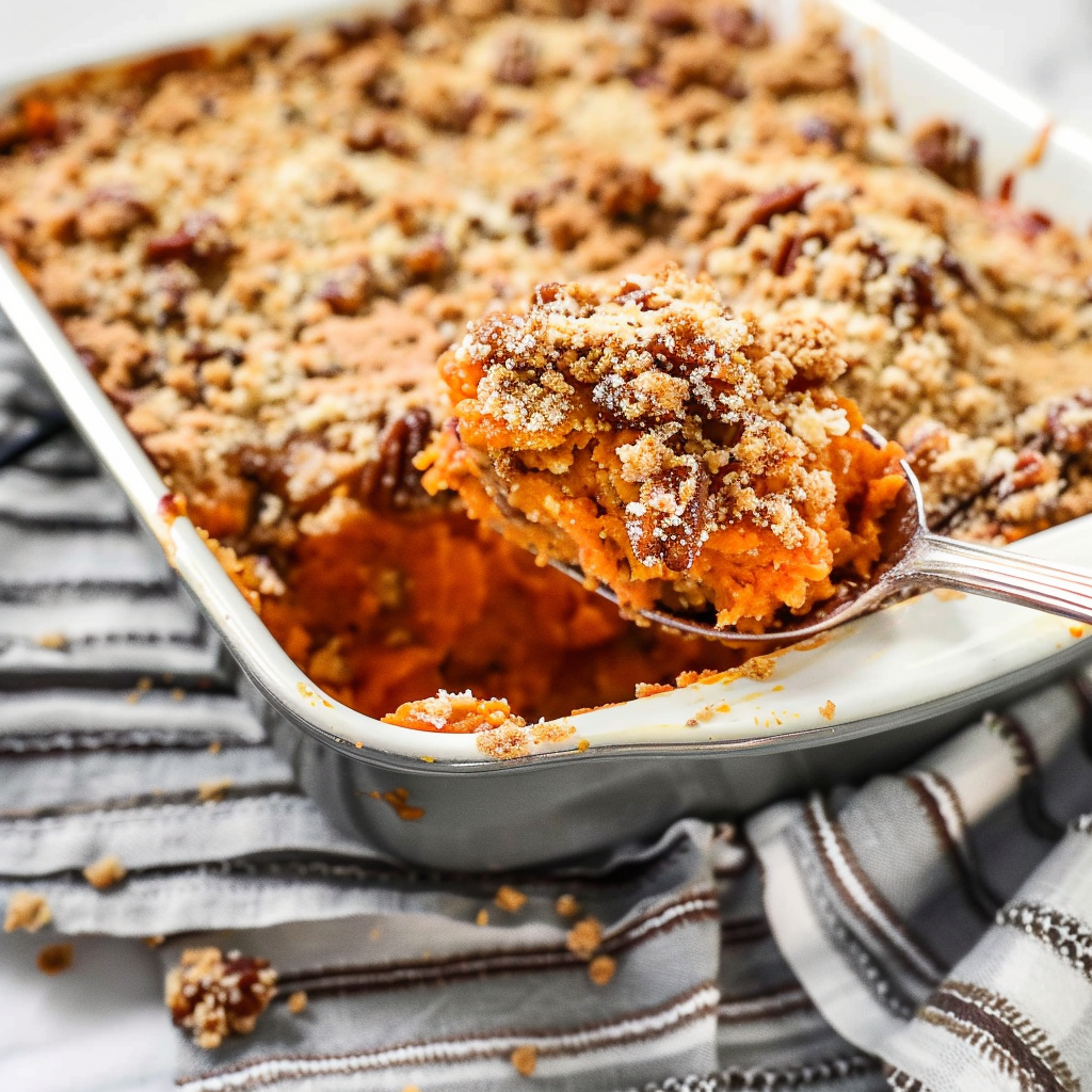 Recipe preparation for Sweet Potato Casserole with Brown Sugar Streusel