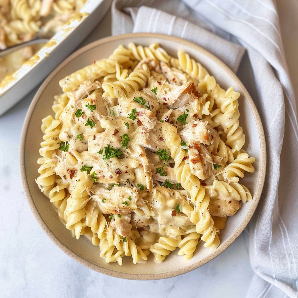 Recipe preparation for Crock Pot Garlic Parmesan Chicken Pasta