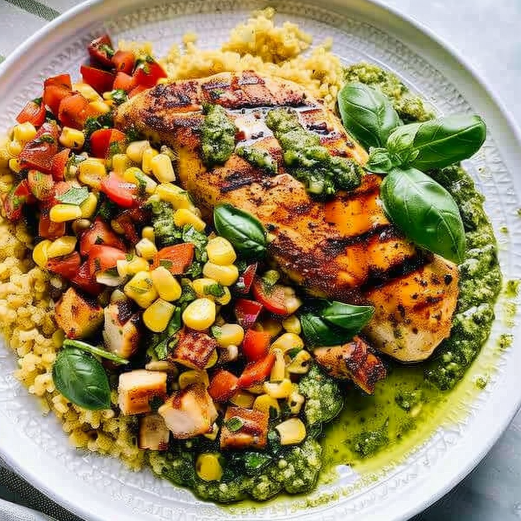 Recipe preparation for Pesto Chicken with Corn & Bean Salsa