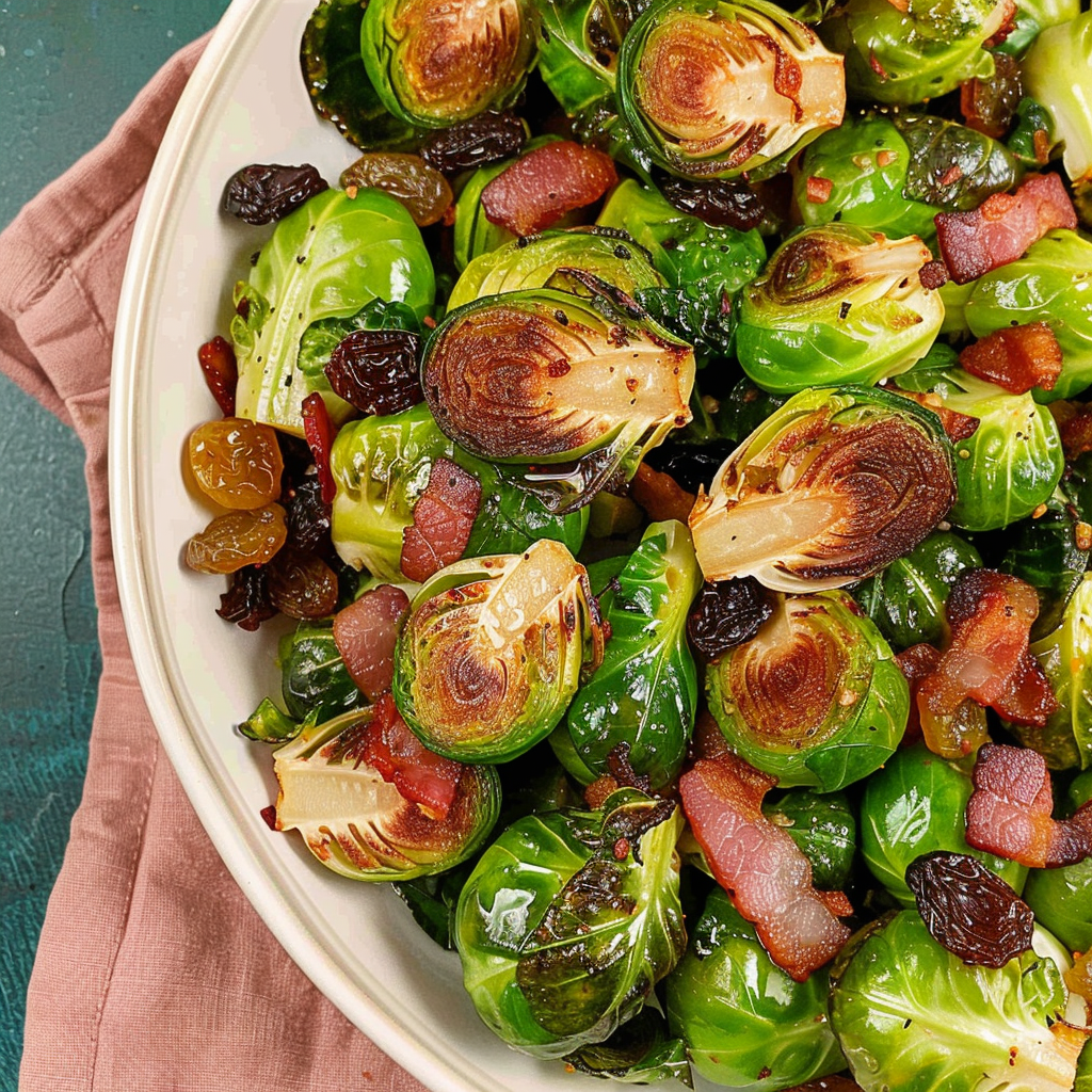 Recipe preparation for Brussels Sprouts Lardons with Bacon & Raisins