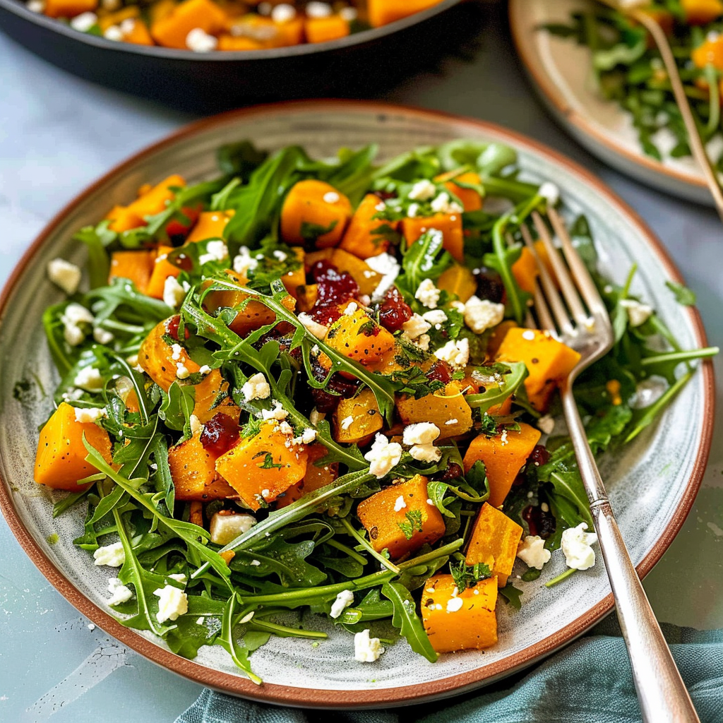 Recipe preparation for Butternut + Feta Arugula Salad