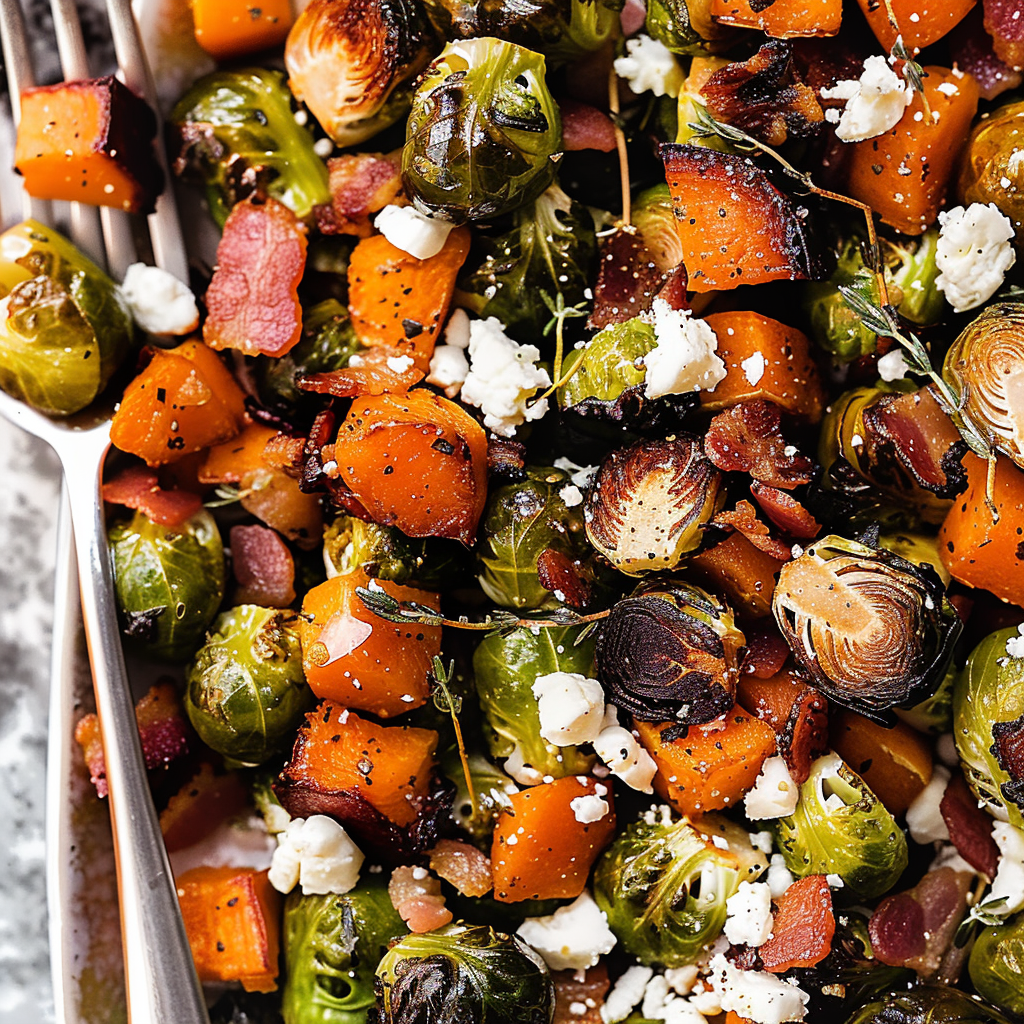 Recipe preparation for Roasted Brussels Sprouts with Butternut Squash or Bacon & Goat Cheese